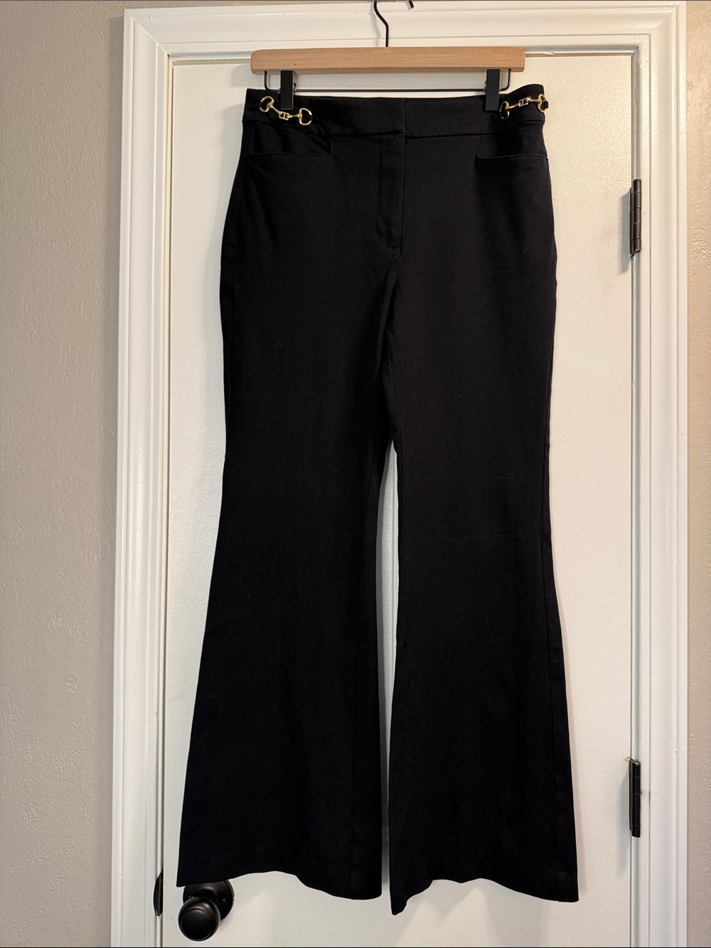 LOFT Black Flare Pants with Gold Chain Detail